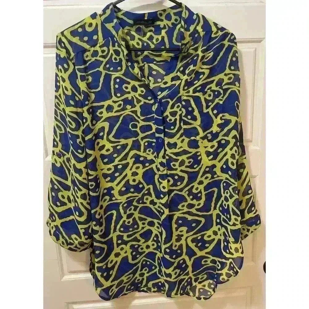 Cals Blue And Yellow Flowy Blouse Womans Size Large